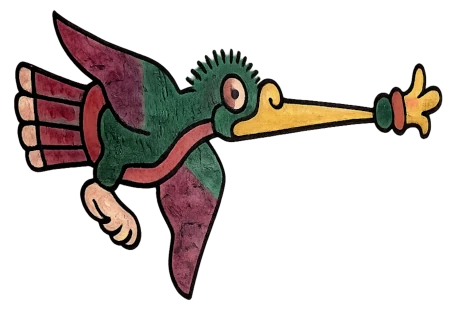 Illustration of a pre-Hispanic hummingbird (Huitzilin) from an Aztec codex, symbolizing love, the sun, and the spirit associated with the cempasúchil legend.