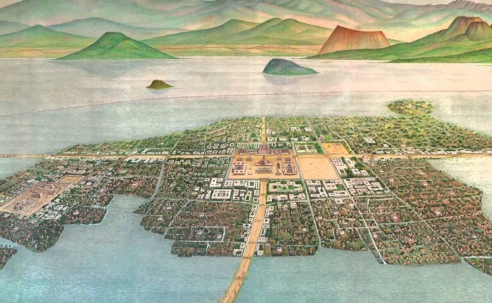 Reconstruction of ancient Tenochtitlan built on an island within the lakes of the Valley of Mexico, with causeways, canals, temples, and surrounding volcanoes.