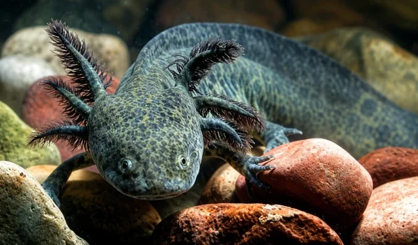 Wild-type Mexican axolotl with dark mottled skin and feather-like external gills, representing the endangered native axolotl of Xochimilco and the inspiration behind Atlalli.