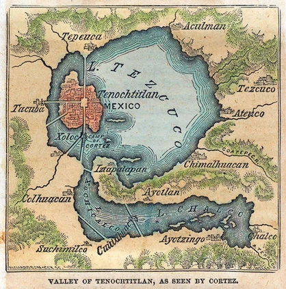 Historical map of the Valley of Mexico showing Tenochtitlan situated within Lake Texcoco and surrounded by the interconnected lakes and settlements of the ancient basin.