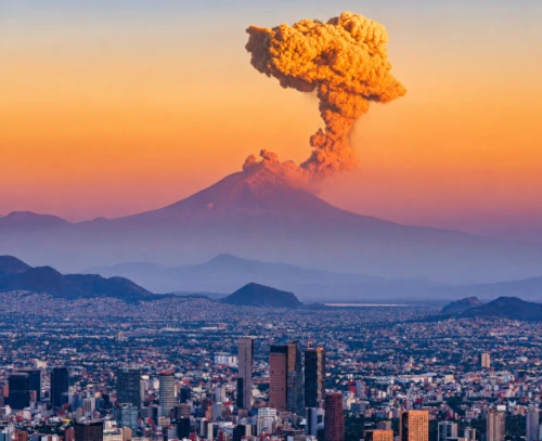 Popocatépetl erupting above Mexico City, representing the volcanic earth and ancient landscape that inspire Atlalli.