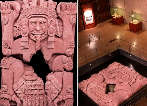 Monumental Tlaltecuhtli relief from the Templo Mayor, carved from pinkish volcanic andesite, inspiring the matte pink volcanic-stone finish of Atlalli.