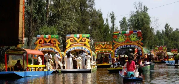 Colorful trajineras traveling through the canals of Xochimilco, part of the UNESCO World Heritage Site and the last surviving natural habitat of the wild Mexican axolotl.