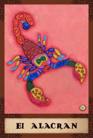 Oil painting of a colorful scorpion inspired by Mexican alebrijes, painted in bright reds, blues, yellows, and greens, presented as a Lotería card.