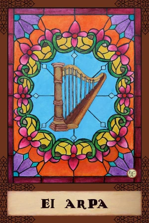 Oil painting of a harp centered within a colorful stained-glass–style frame of floral and geometric shapes, presented as a Lotería card.