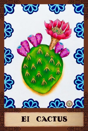 Oil painting of a green cactus with pink pads and a red flower, surrounded by blue-and-white Talavera-style patterns, presented as a Lotería card.
