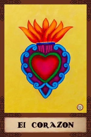 Oil painting of a colorful sacred heart inspired by Mexican milagritos, with flames and ornate blue and green detailing, presented as a Lotería card.