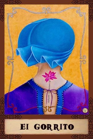 Oil painting of a figure seen from behind wearing a blue bonnet and purple garment, with a pink flower tattoo on the neck whose stem reads “te amaré por siempre,” presented as a Lotería card.