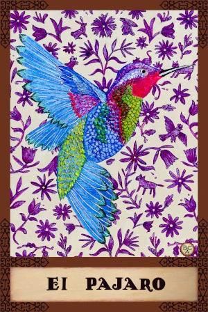 Oil painting of a colorful bird in flight inspired by Tenangos embroidery, with floral and animal motifs in purple and blue, presented as a Lotería card.