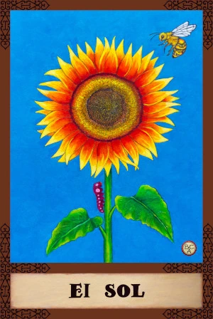 Oil painting of a large sunflower with yellow and orange petals, a green stem and leaves, and a small bee flying nearby, presented as a Lotería card.