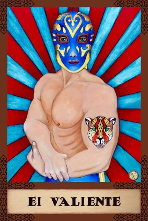 Oil painting of a masked luchador with a muscular body, wearing a blue and gold lucha libre mask, set against a red and blue radiating background, presented as a Lotería card.
