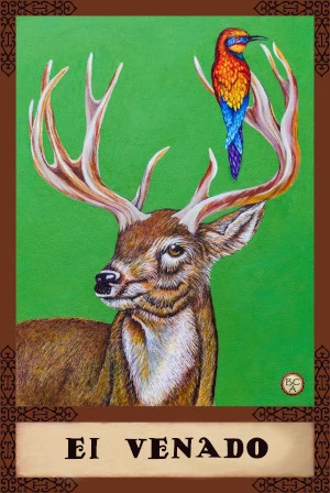 Oil painting of a deer with large antlers and a colorful bird perched on one antler, set against a green background, presented as a Lotería card.