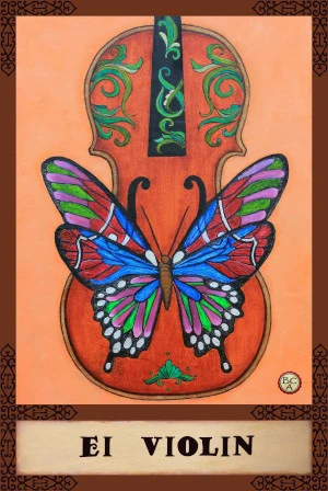 Oil painting of a violin with a colorful butterfly integrated into its body, set against a warm orange background, presented as a Lotería card.