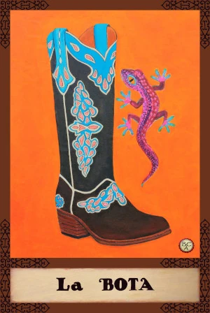 Oil painting of a black boot with turquoise decorative patterns and a pink lizard floating beside it, presented as a Lotería card.
