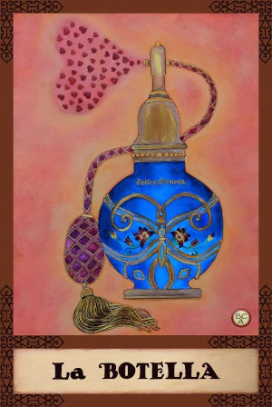 Oil painting of a decorative blue perfume bottle labeled “Potion d’Amour,” spraying a heart-shaped mist made of small hearts, presented as a Lotería card.