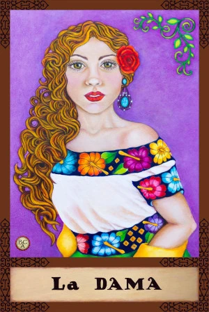 Oil painting of a woman wearing traditional Tabasco dress with colorful floral embroidery, a white shawl, and a red flower in her hair, presented as a Lotería card.