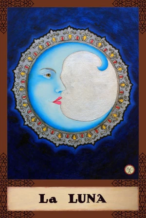 Oil painting of a stylized moon with a human face in profile, half blue and half pale white, surrounded by a decorative circular border against a dark blue background, presented as a Lotería card.