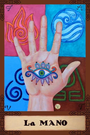 Oil painting of an open hand with a symbolic eye on the palm, surrounded by four panels representing fire, water, air, and earth, presented as a Lotería card.
