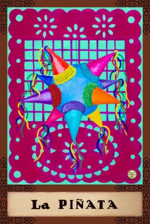 Oil painting of a colorful seven-pointed piñata with streamers, presented as a Lotería card against a vibrant pink and turquoise background.