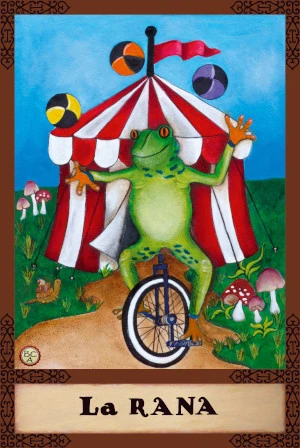 Oil painting of a green frog riding a unicycle in front of a red-and-white circus tent, juggling balls, presented as a Lotería card.