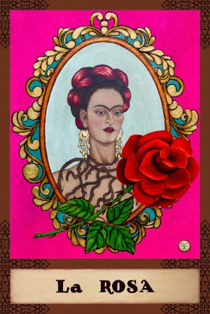 Oil painting of a woman inspired by Frida Kahlo in an ornate frame with a large red rose and visible thorns, presented as a Lotería card.