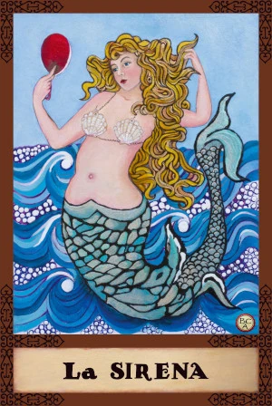 Oil painting of a mermaid with long golden hair, a scaled tail, and seashell top, holding a red hand mirror while surrounded by blue ocean waves, presented as a Lotería card.