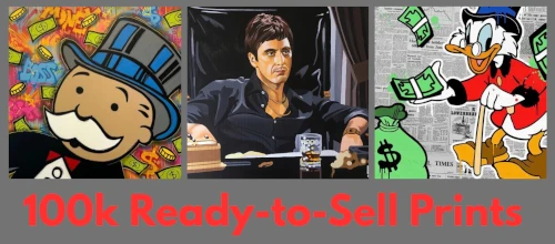 Collage of three ready-to-sell images featuring a modified Girl with a scrooge Mcduck, Tony Montana and The monopoly man, “100K+ Ready-to-Sell Prints.” The image is used to critique mass-produced and AI-generated artwork and its potential impact on human creativity.